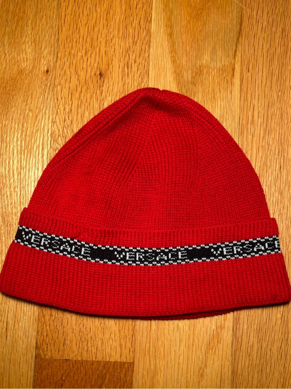 Versace Red Logo Tape Runway Beanie Hat